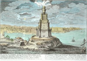 Faro de Alejandría, construido por Ptolomeo el Grande (36-después de 30 a.C.), Egipto, de Proyecto de una arquitectura histórica, grabado por Johann Adam Delsenbach (1687-1765) 1721 (color posterior)