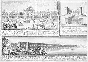 El Palacio Real en Isfahan, una sección transversal del Puente Alyverdy-Chan Isfahan y una vista del Puente Alyverdy-Chan Isfahan, de Entwurf einer historischen Architektur, grabado por Johann Adam De de Johann Bernhard Fischer von Erlach