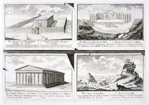 Vistas de cuatro edificios clásicos: El Templo de Zeus Olímpico, el Teatro de Dionisio en Atenas, el Templo de Atenea en Atenas y un Templo en Corinto, de Entwurf einer historischen Architektur de Johann Bernhard Fischer von Erlach