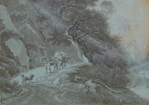 Agricultor con carro tirado por caballos en un camino forestal durante una tormenta de Johann Christian Brand