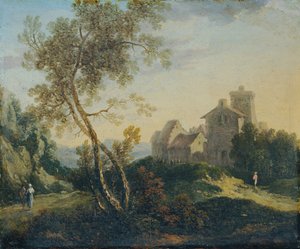 Paisaje ideal con árboles y pueblo fortificado (La tarde) de Johann Christian Brand