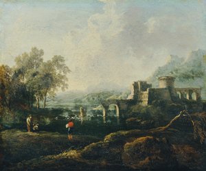 Paisaje ideal con río y puente en ruinas (La mañana) de Johann Christian Brand