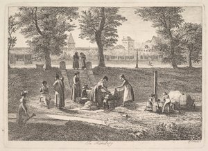 Escena al aire libre de mujeres en actividades domésticas en Nurnberg, siglo XIX de Johann Christian Erhard