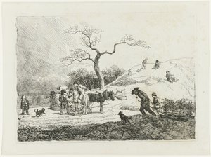 Paisaje invernal con niños en trineo y varios senderistas de Johann Christian Klengel