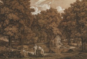 Paisaje arcadiano con tres figuras en un lago de Johann Christian Reinhart