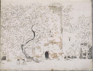 Dos dibujantes ante un castillo detrás de árboles: en Maienlust, cerca de Wasungen de Johann Christian Reinhart