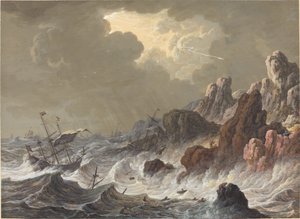 Barcos azotados por la tormenta naufragados en una costa rocosa