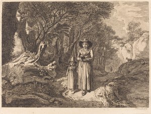 Mujer y niño caminando hacia la iglesia de Johann Christoph Erhard