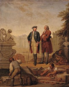 El rey Federico II de Prusia (1712-86) y el marqués de Argens (1704-1771) inspeccionan la construcción de Sanssouci en Potsdam