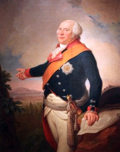 Retrato del rey Federico Guillermo II de Prusia (1744-1797) con una estrella de la Orden Prusiana del Águila Negra, la mano izquierda apoyada en un mapa de Fráncfort, un paisaje con el ejército prusiano acampado a las afueras de Fráncfort.