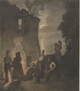 Sabios descansando junto a una hoguera en la orilla de un lago por la noche de Johann Conrad Seekatz