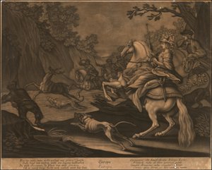 Ca. 1770 mezzotinta alegórica de Europa