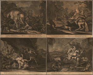 Ca. 1770 mezzotintas alegóricas de África, Asia, América y Europa en una página