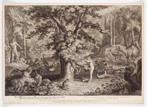 Eva recoge la manzana del árbol del conocimiento de Johann Elias Ridinger