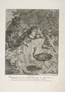 Fábula V, placa cinco de Lehrreiche Fabeln aus dem Reiche der Theire de Johann Elias Ridinger