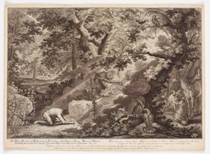 Dios prohíbe a Adán comer del árbol del conocimiento de Johann Elias Ridinger