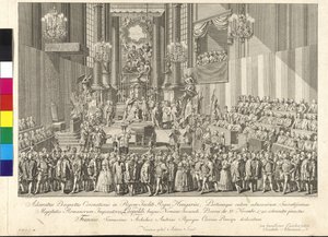 Coronación del emperador Leopoldo II al rey de Hungría en Bratislava el 15 de noviembre de 1790 (grabado en cobre) de Johann Ernst Mansfeld