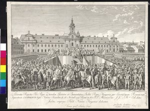 Coronación del emperador Leopoldo II al rey de Hungría en Bratislava el 15 de noviembre de 1790 (grabado en cobre) de Johann Ernst Mansfeld