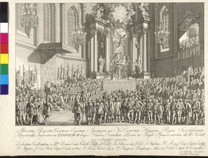 Coronación del emperador Leopoldo II al rey de Hungría en Bratislava el 15 de noviembre de 1790 (grabado en cobre) de Johann Ernst Mansfeld
