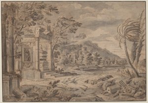 Ruinas antiguas a lo largo de una costa montañosa de Johann Franciscus Ermels