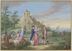 Grupo de damas y caballeros descansando al aire libre al pie de una colina con un pequeño templo, mientras un guía muestra el paisaje a una pareja joven de Johann Friedrich August Tischbein