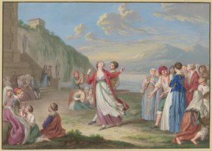 Campesinos italianos se entretienen a orillas del lago con juegos y bailes, altas montañas al fondo de Johann Friedrich August Tischbein