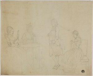 Boceto de grupo familiar con tres mujeres sentadas y un joven de pie de Johann Friedrich August Tischbein