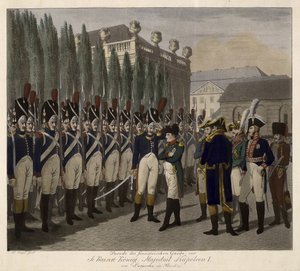 Desfile de los guardias franceses en el Lustgarten de Berlín en 1806 - Juegel, Johann Friedrich (1772-1833) - 1806 - Aguatinta - 31,6x39 - Colección privada de Johann Friedrich Jügel