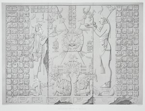 Relieve que representa a un sacerdote con ofrendas del Santuario del Templo del Sol, Palenque, láminas 29 y 30 de Monumentos Antiguos de México, grabado por Werner, 1866
