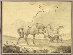 Dos caballos luchando contra un perro de Johann Georg Pforr