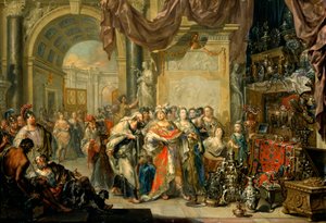 ""Cresus (596-546 avant JC) montre ses tresors a Solon (640-558 av. JC)"" - Croesus and Solon - Oil on copper by Johann Georg Platzer (1704-1761) - State Art Gallery, Dresden de Johann Georg Platzer