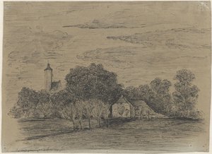 Paisaje con granja y torre de Johann Georg Schwartze (possibly)