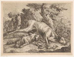 Perro de caza y botín con ciervos y pájaros. Botas de caza (título de la serie) de Johann Georg Wachsschlunger