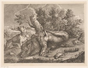 Perro de caza y botín con jabalíes, ciervos y pájaros. Botas de caza (título de la serie) de Johann Georg Wachsschlunger