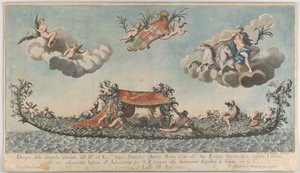 La segunda góndola altamente ornamentada de Francesco Antonio Berka entrando en Venecia, 1700