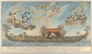 La tercera góndola altamente ornamentada de Francesco Antonio Berka entrando en Venecia, Dioses en cl..., 1700 de Johann Georg Wolfgang