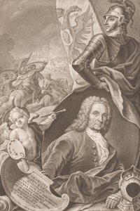 Busto del pintor Georg Philipp Rugendas con escena de batalla al fondo