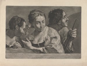 Dos mujeres escuchando a un pájaro, con un hombre armado de Johann Gottfried Haid