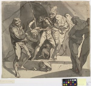 Ricardo Plantagenet lanza la cabeza cortada del duque de Somerset a los pies de su padre. Ilustración para Enrique VI de Shakespeare, Parte 3, acto 1, línea 20
