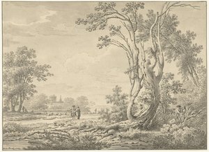 Paisaje del sur con castillo, ganado y caminantes de Johann Heinrich Muntz