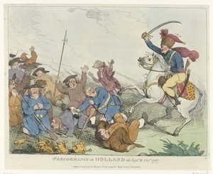 El espectáculo Actuación en Holanda en septiembre y octubre de 1787 (título sobre objeto) Cuatro caricaturas inglesas sobre los patriotas en 1787 (título de la serie) de Johann Heinrich Ramberg