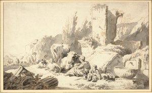 Un arriero con su familia y ganado junto a ruinas clásicas de Johann Heinrich Roos