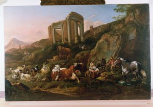 Paisaje clásico con animales de Johann Heinrich Roos