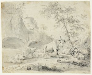 Paisaje con pastor y ovejas, cabra, ganado