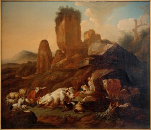 Pastora descansando y ganado de Johann Heinrich Roos