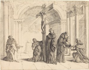 Un crucifijo en una iglesia con Santos Tomás de Aquino, María Magdalena, Alberto Magno y otros de Johann Heinrich Schönfeld
