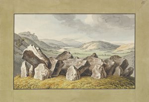 Un círculo de piedras prehistórico en un montículo, un paisaje extenso más allá, mediados del siglo XVIII-principios del siglo XIX de Johann Heinrich Wilhelm Tischbein