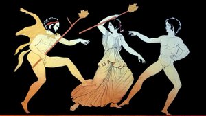Un sátiro, una Ménade y un seguidor masculino de Dionisio bailan en un frenesí c.1796 (Grabado en placa de cobre)