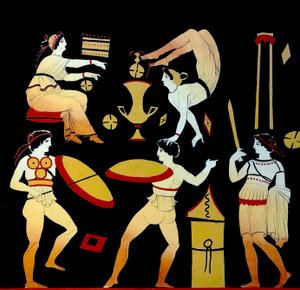 Acróbatas y tres hombres realizando la danza de guerra Pyrrhichios o Pyrrhike c.1796 (grabado en placa de cobre)