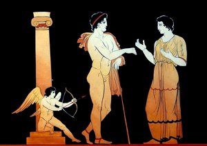 Eros apuntando una de sus flechas a una pareja joven hablando c.1796 (Grabado en placa de cobre) de Johann Heinrich Wilhelm Tischbein